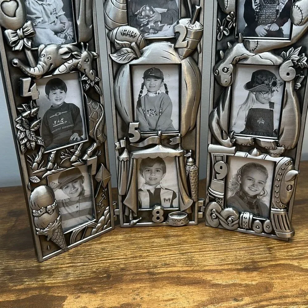 Pewter‎ Photo Frame Tri Fold Multi Photo Collage  Hinged 10.5” First Nine Years